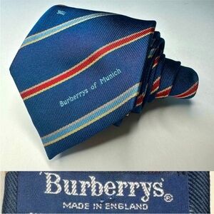 Vintage BURBERRY OF MUNICH Rare Embroidered Striped Classic Blue Silk Tie, 3”